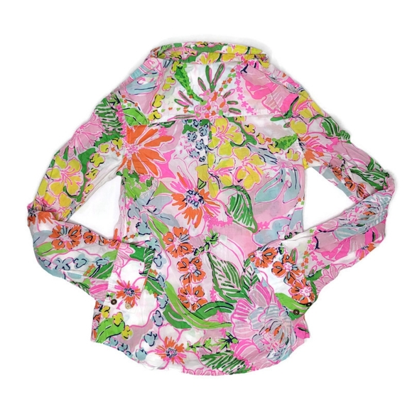 Lilly pulitzer nosey posey neon floral button up shirt size xs 100% cotton. - Picture 9 of 9
